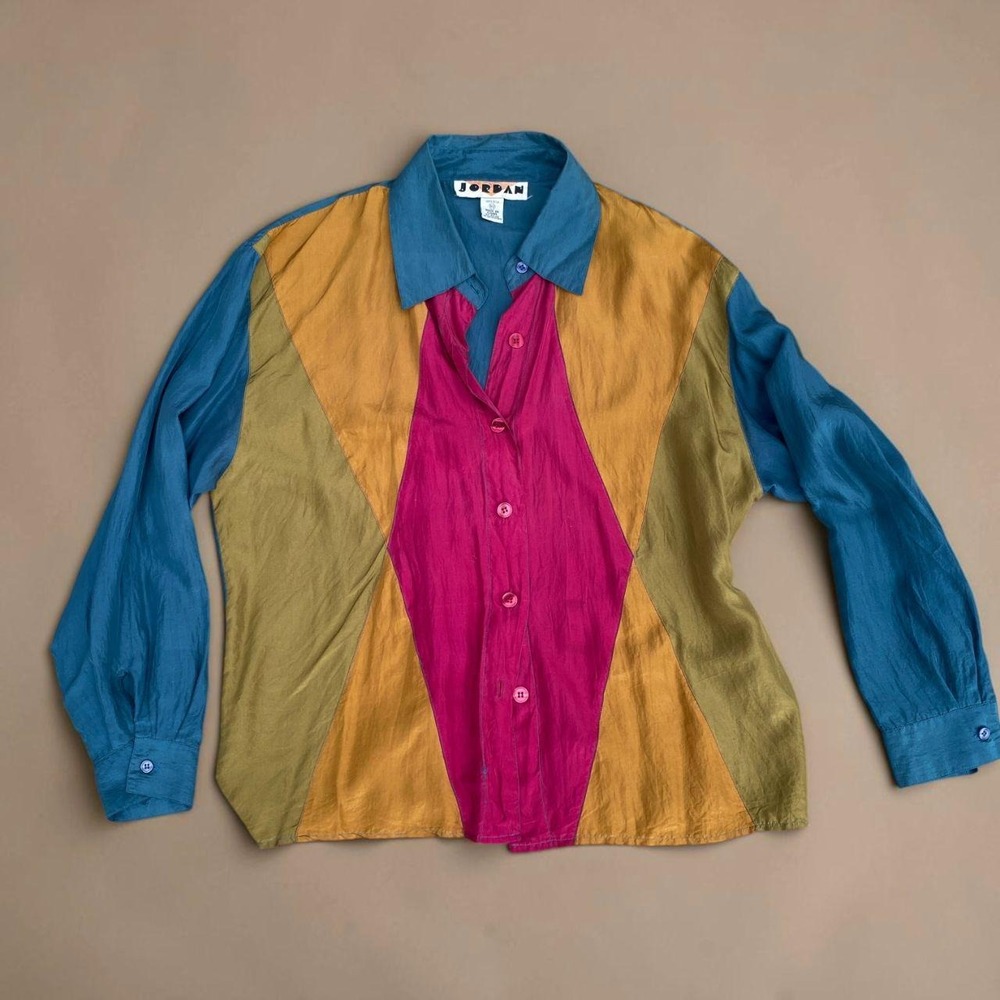 Vintage Jordan 100% Silk Colorblock Blouse Jewel Tone Shirt